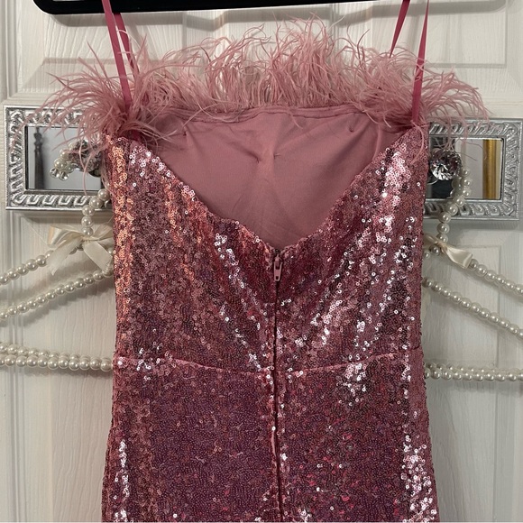 Pink Sequin Feather Trim Dress - Picture 7 of 10